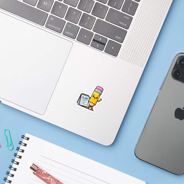 Sticker Cute Kawaii Crayon Jaune et Carnet de Planificatio (Ordinateur portable avec iPhone)