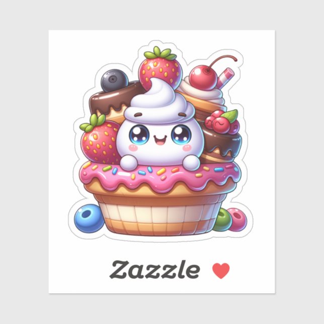 Sticker Cute Kawaii Cupcake aux fraises (Feuille)