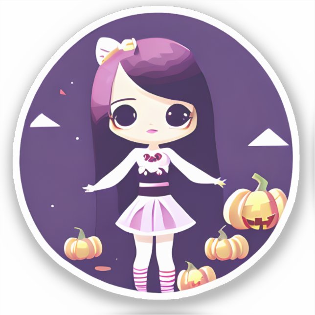 Sticker Cute Kawaii fille avec Halloween Citrouille (Recto)