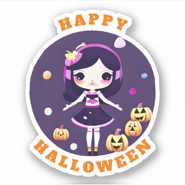 Sticker Cute Kawaii fille avec Halloween Citrouille (Devant)