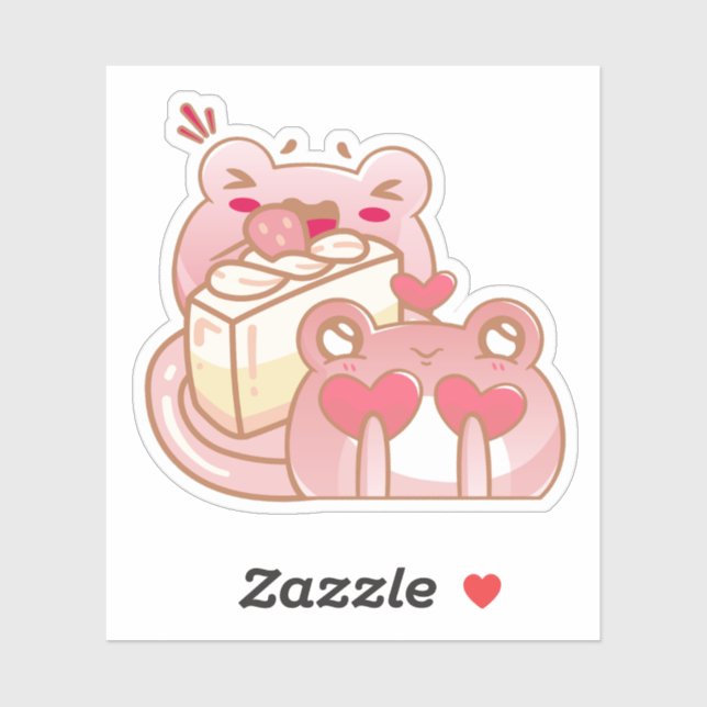 Sticker Cute Kawaii Frog Eating Cake Personalized (Feuille)