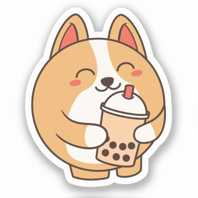Sticker Cute Kawaii Funny Corgi Chien Boba (Recto)