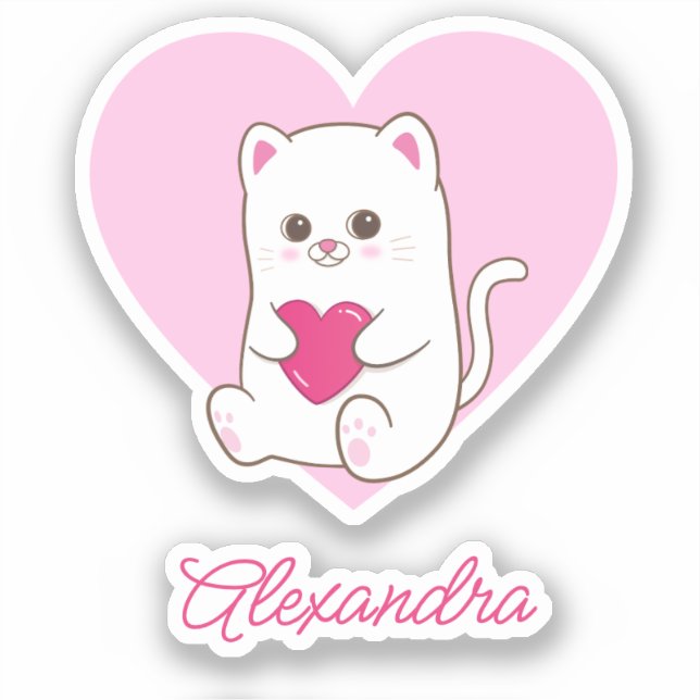 Sticker Cute Kawaii Pink Heart Nom du chat (Recto)