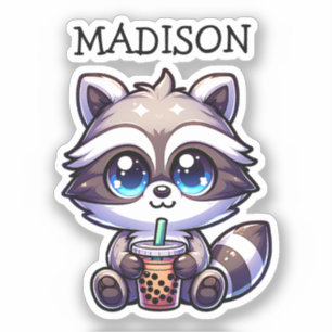Sticker Cute Kawaii Raccoon avec thé bulle Personnalisé