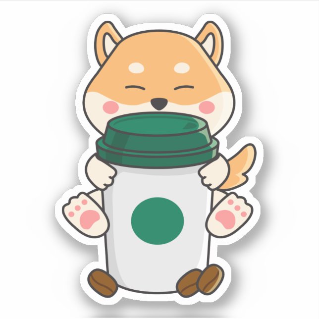 Sticker Cute kawaii shiba inu embrasser un café chaud (Devant)
