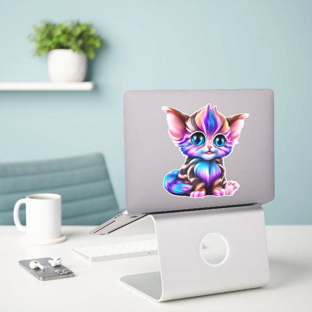 Sticker Cute Kawaii Striped Baby Kitten (Ordinateur portable sur le bureau)