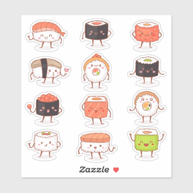 Sticker Cute Kawaii Sushi Sashimi nourriture japonaise Sti (Feuille)
