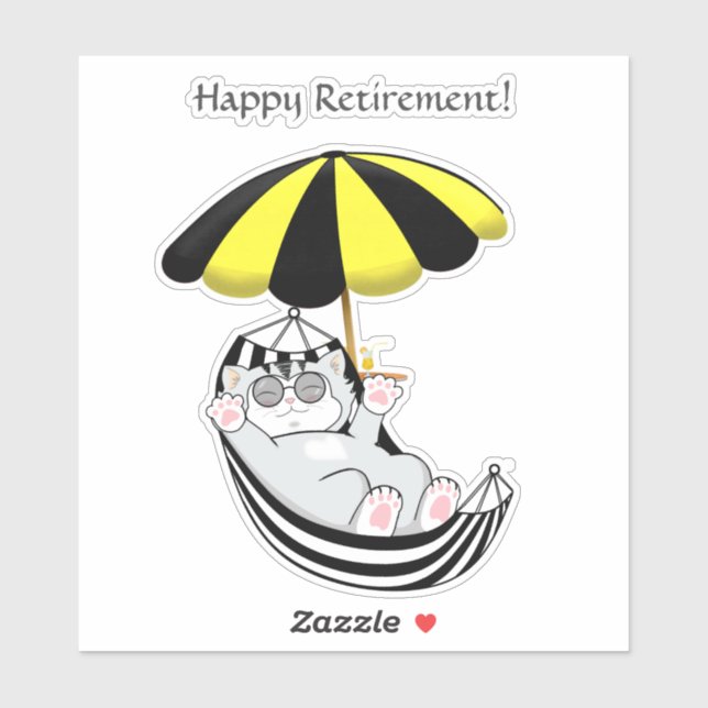 Sticker Cute Kitten dans Hammock & Happy Retirement Text (Feuille)