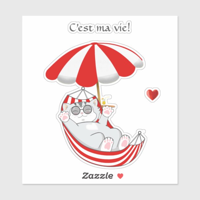 Sticker Cute Kitten en rouge & blanc Hamac & Texte (Feuille)