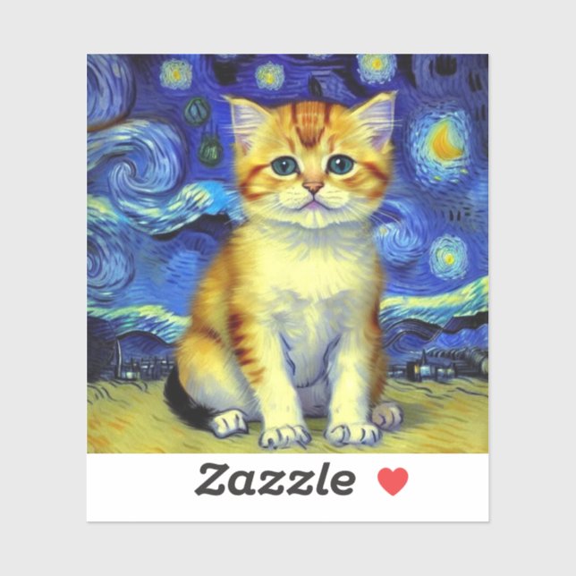 Sticker Cute Kitten Starry Night Van Gogh (Feuille)