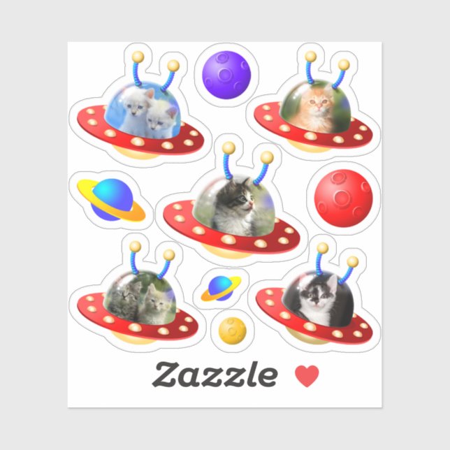 Sticker Cute Kittens Chats en OVNI Alien de soucoupes vola (Feuille)
