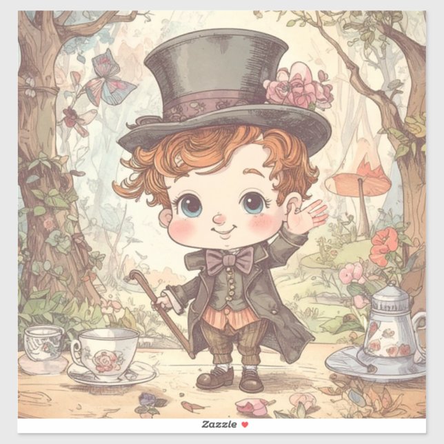 Sticker Cute Mad Hatter Whimsical Wonderland Woodland Art (Feuille)