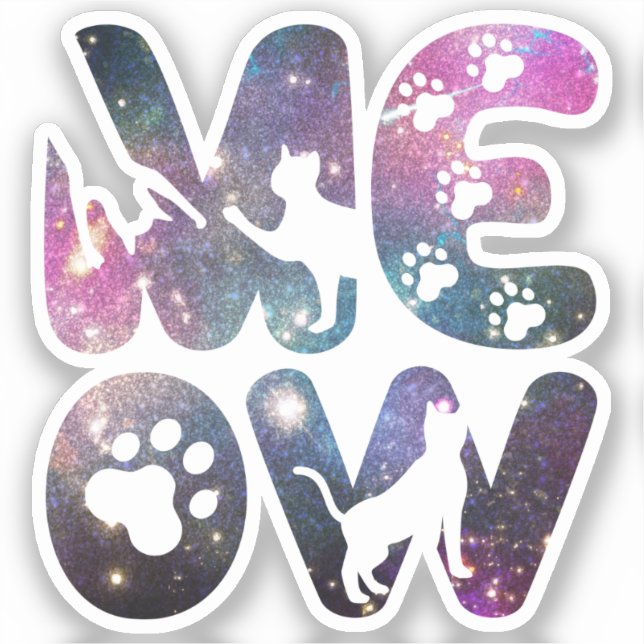 Sticker Cute Meow Chat Silhouettes et Empreintes de pattes (Recto)