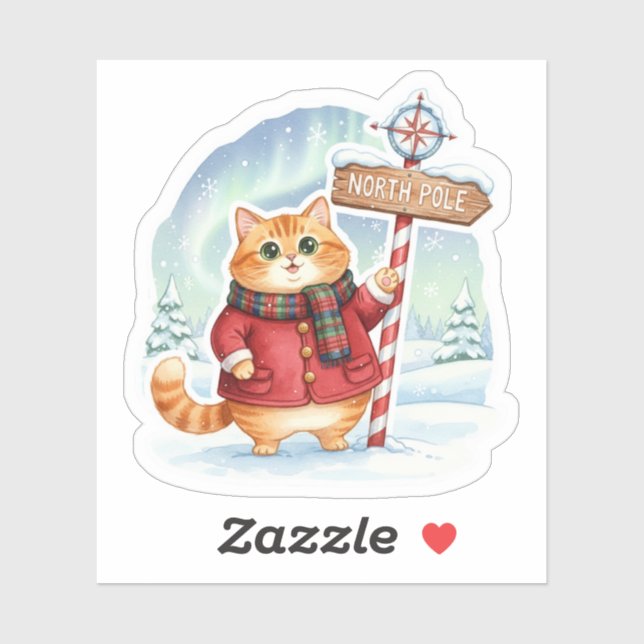 Sticker Cute North Pole Cat in Coat & Scarf Christmas  (Feuille)