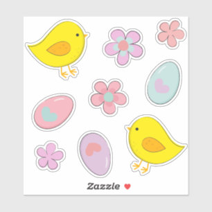Sticker Cute Oeufs de Pâques Poulets Fleurs de Pastel Spr