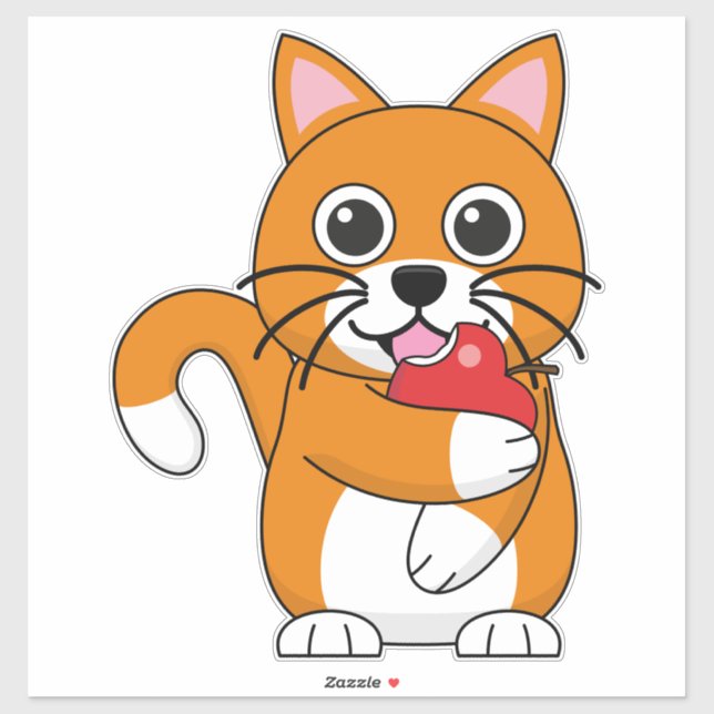 Sticker Cute Orange Blanc Chat Manger Rouge Pomme Carton (Feuille)