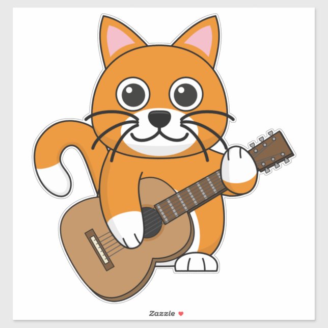 Sticker Cute Orange Chat Blanc Jouer Caricature Guitare (Feuille)