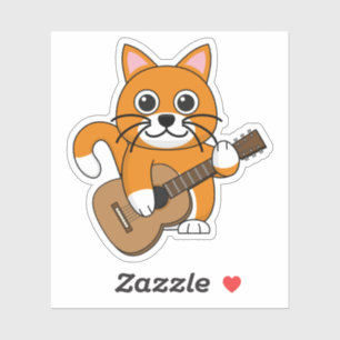 Sticker Cute Orange Chat Blanc Jouer Caricature Guitare