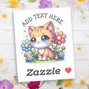 Sticker Cute Orange Kitty Chat en Fleurs Personnalisé
