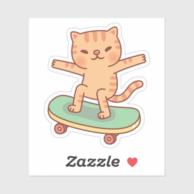 Sticker Cute Orange Tabby Patinage Sur Skateboard (Feuille)