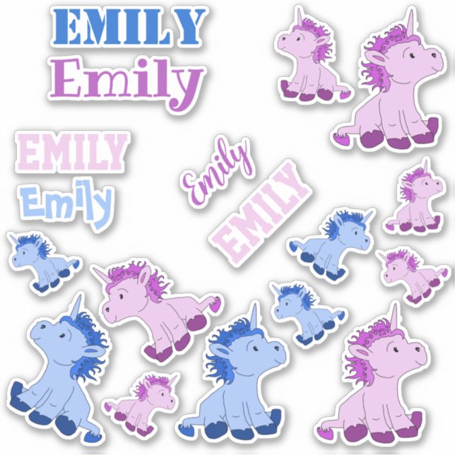 Sticker Cute Pink Blue Unicornes Nom des enfants (Devant)