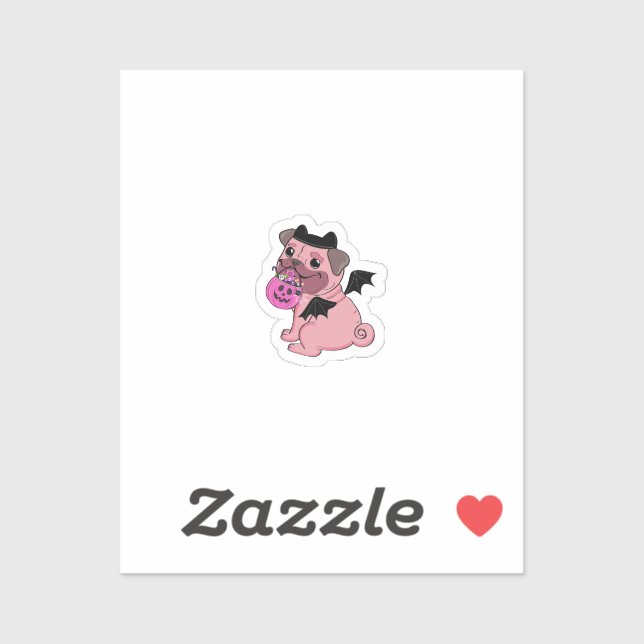 Sticker Cute Pink Pug in a Halloween Costume Holding  (Feuille)