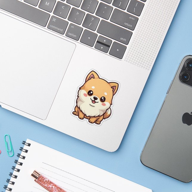 Sticker Cute Pomeranian, Style Kawaii, Petit (Ordinateur portable avec iPhone)