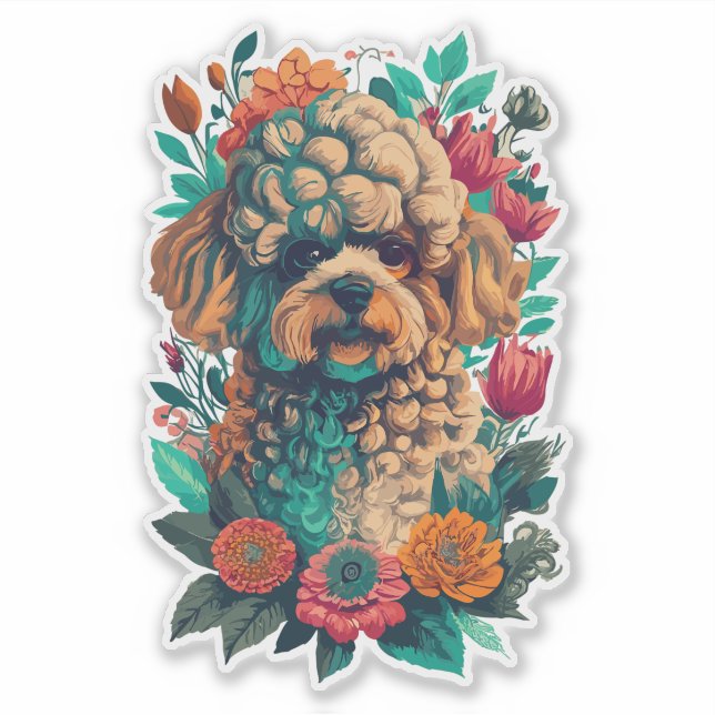 Sticker Cute Poodle Chien Et Fleurs Couper Vinyl (Devant)