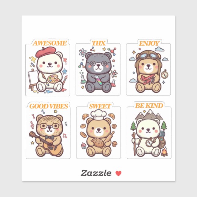 Sticker Cute Positive Bear-6 Designs-vol2 (Feuille)