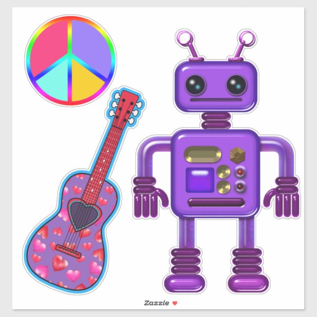 Sticker Cute Purple Robot with Peace Sign and Guitar (Feuille)