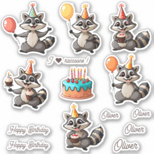 Sticker Cute Raccoons Joyeux Anniversaire Personnalisé