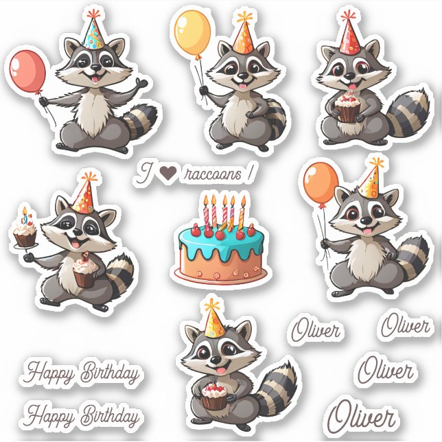 Sticker Cute Raccoons Joyeux Anniversaire Personnalisé (Devant)