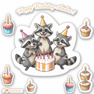 Sticker Cute Raccoons Joyeux Anniversaire Personnalisé