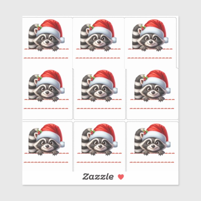 Sticker Cute Racoon in Santa Hat Christmas Labels (Feuille)