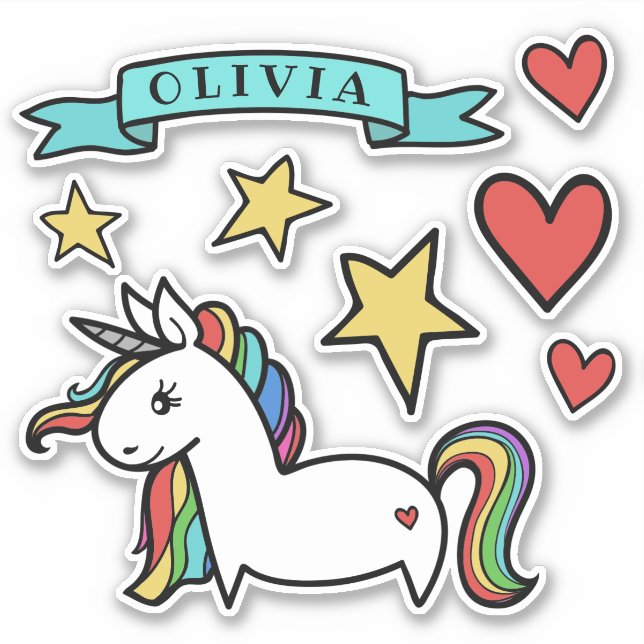 Sticker Cute Rainbow Maned Unicorn Coeurs & Étoiles (Devant)