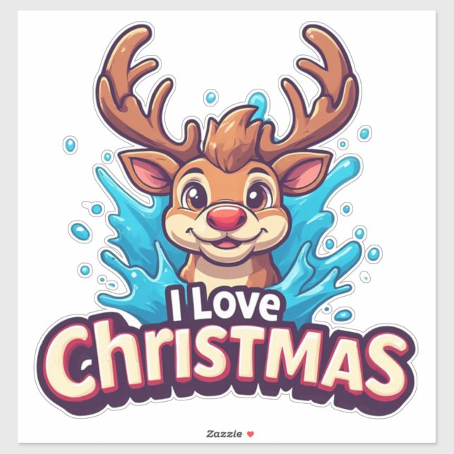 Sticker Cute Reindeer Mascot With 'I Love Christmas' Text (Feuille)