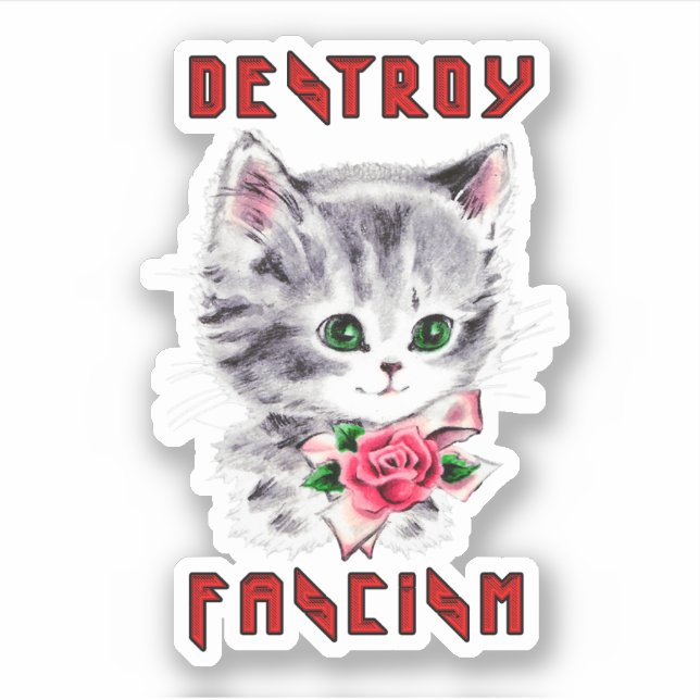 Sticker Cute Retro Kitten - Détruire le fascisme (Devant)