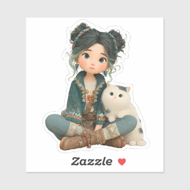 Sticker Cute Sitting Girl with Cat – Cozy Character Sticke (Feuille)