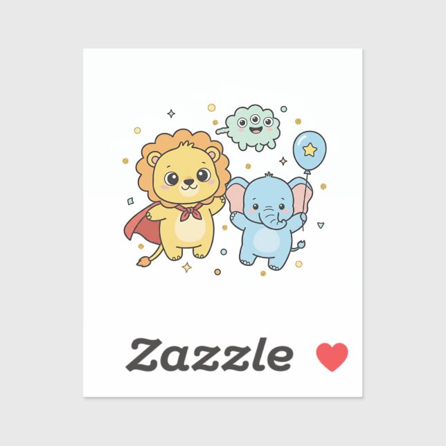 Sticker Cute Superhero Lion and Elephant Friends Cartoon (Feuille)