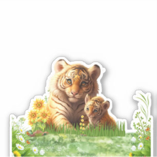 Sticker Cute Tiger Maman & Bébé Floral Aquarelle Coupe per