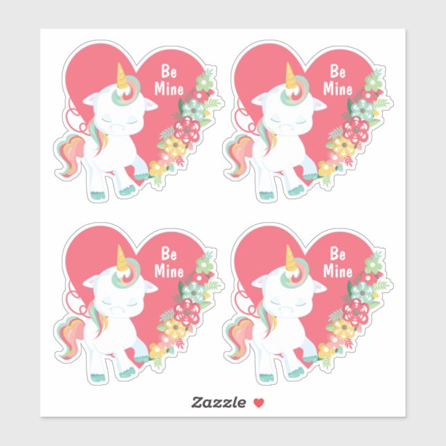 Sticker Cute Unicorn Be My Valentine Heart (Feuille)