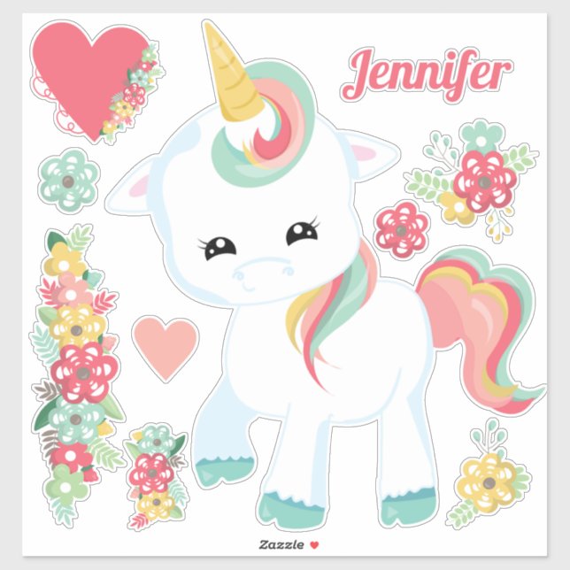 Sticker Cute Unicorn Fleurs Coeurs Fille (Feuille)