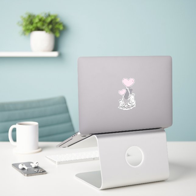 Sticker Cute Valentine Foxes Pink Heart Balloons Design (Ordinateur portable sur le bureau)