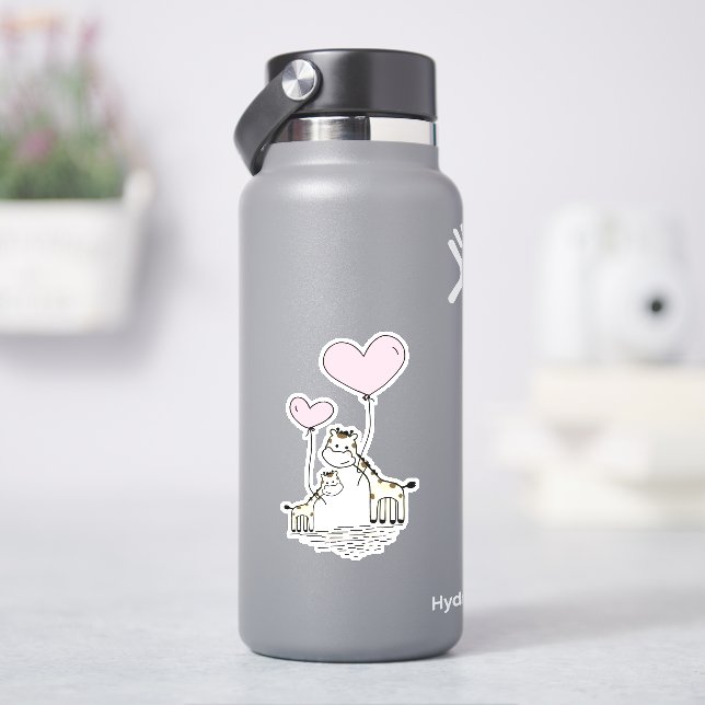 Sticker Cute Valentine Giraffes Pink Heart Balloons Design (HydroFlask)