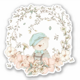 Sticker Cute Vintage Ours Botanique Florales Bébé garçon
