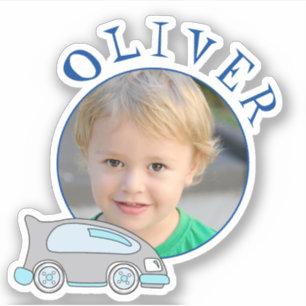 Sticker Cute voiture Blue cadre rond Nom et photo Enfants