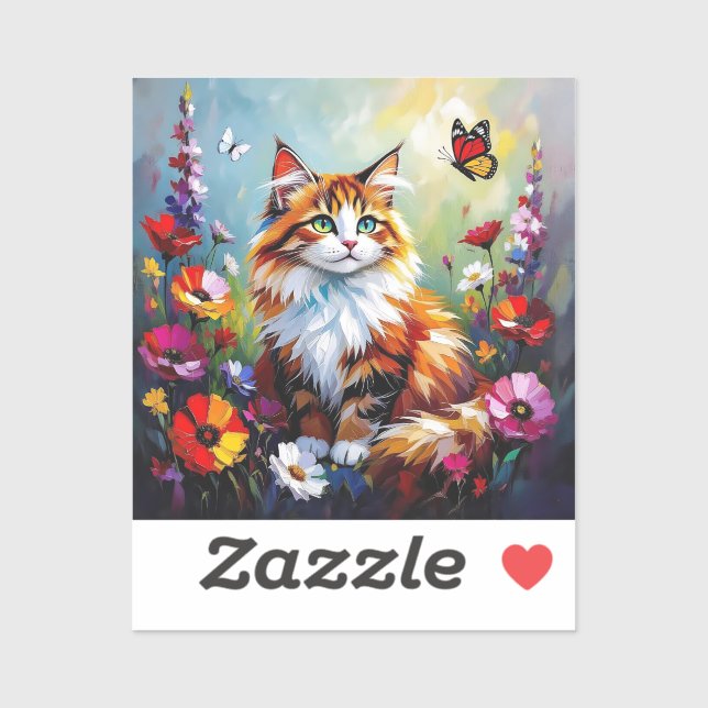 Sticker Cute Whimsical  Cat, Flowers and Butterflies (Feuille)