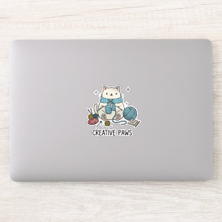 Sticker Cute White Cat Knitting Scarf Blue Yarn Graphic 