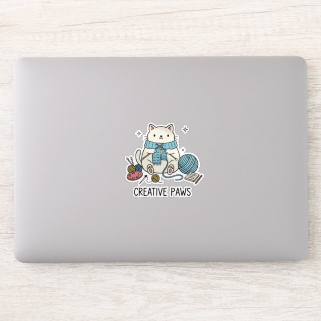 Sticker Cute White Cat Knitting Scarf Blue Yarn Graphic  (Ordinateur)