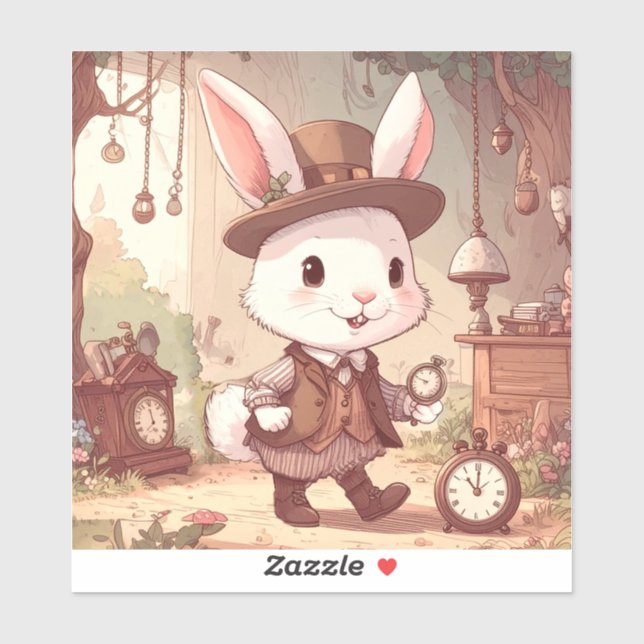 Sticker Cute White Rabbit Wonderland Whimsical Timekeeper (Feuille)